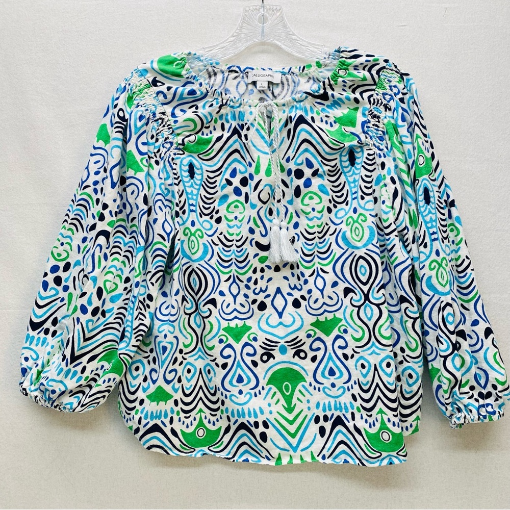 Calligraphie Womens Linen Blend Large Blouse Top Pullover Tie Neckline Bohemian